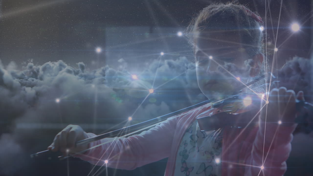 animación de una estudiante caucásica tocando el violín con conexiones de red y procesamiento de datos