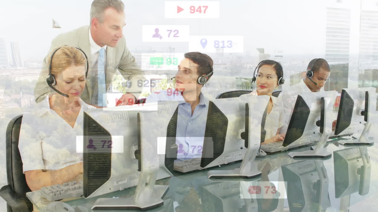 Animation of network of connections and icons over people wearing phone headsets