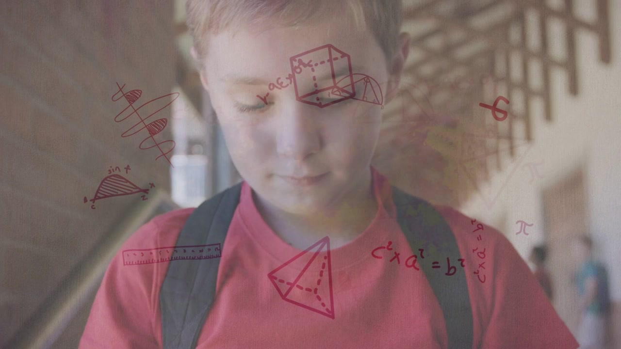 Boy walking school corridor looking phone and causing math overlays around phone while studying