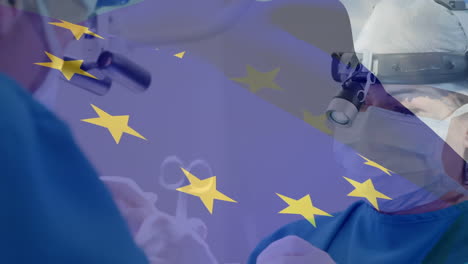animation of eu flag over doctors during surgery