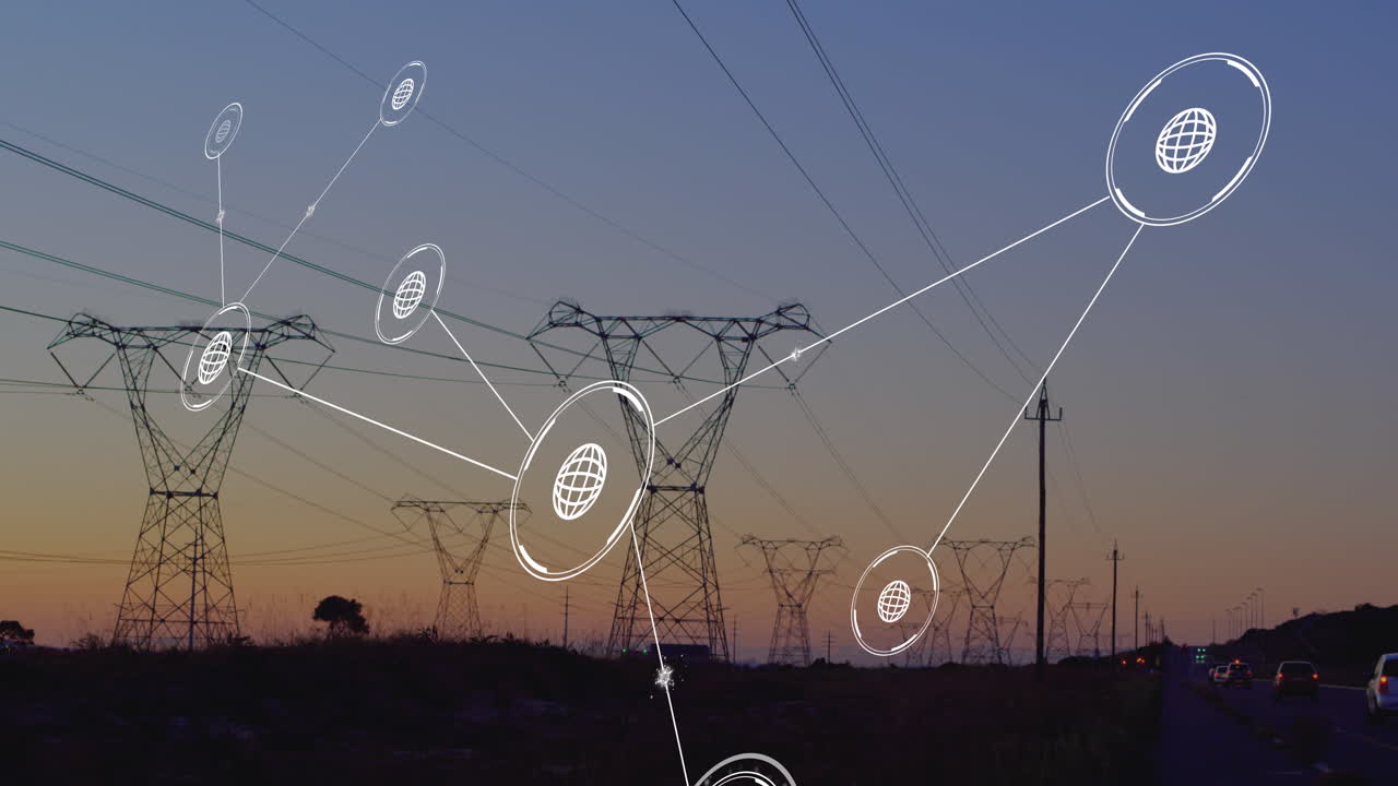 Animation of network of conncetions with icons over pylons