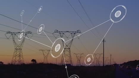 animation of network of conncetions with icons over pylons