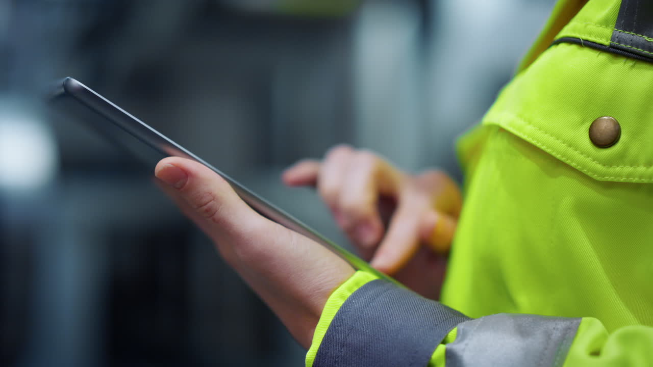 Primo piano di mani che toccano un tablet in un moderno stabilimento di produzione