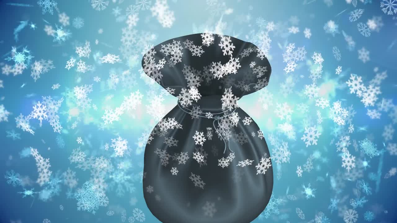 파란색 바탕에 주머니 위에 내리는 눈의 애니메이션