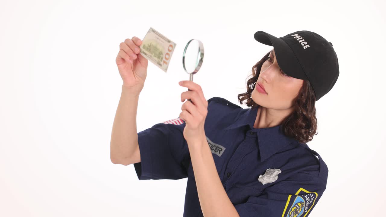 Policewoman checks banknote with magnifying glass carefully