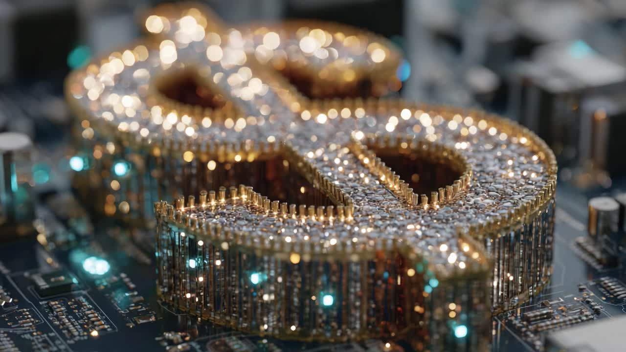 A Stunning Close-Up of a Glittering Dollar Sign Made of Gems Embedded in a Circuit Board, Symbolizing Wealth and Technology Through Artistic Craftsmanship