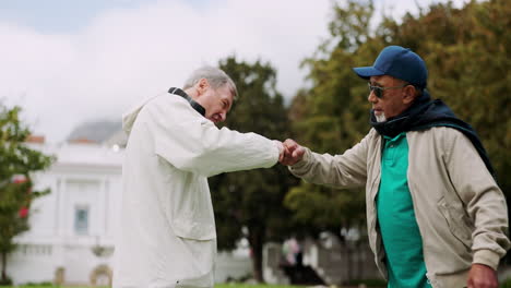 handshake, hug and fist bump with elderly friends