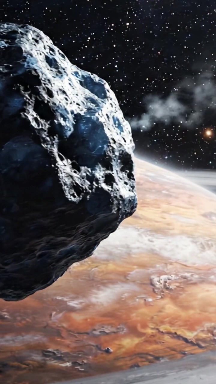 Un viaggio mozzafiato attraverso lo spazio: un asteroide si avvicina a un gigante gassoso colorato, catturando la bellezza e il mistero del cosmo in due inquadrature drammatiche.