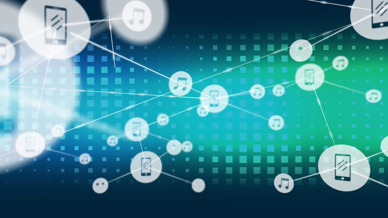 반 ⁇ 이는 그라디엔트 사각형 모양 패턴 디자인에 대한 디지털 아이콘 네트워크의 애니메이션