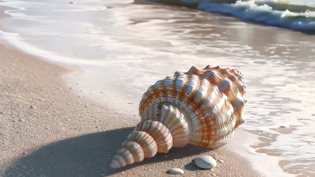 Video en primer plano de una concha marina en una playa de arena con olas suaves.