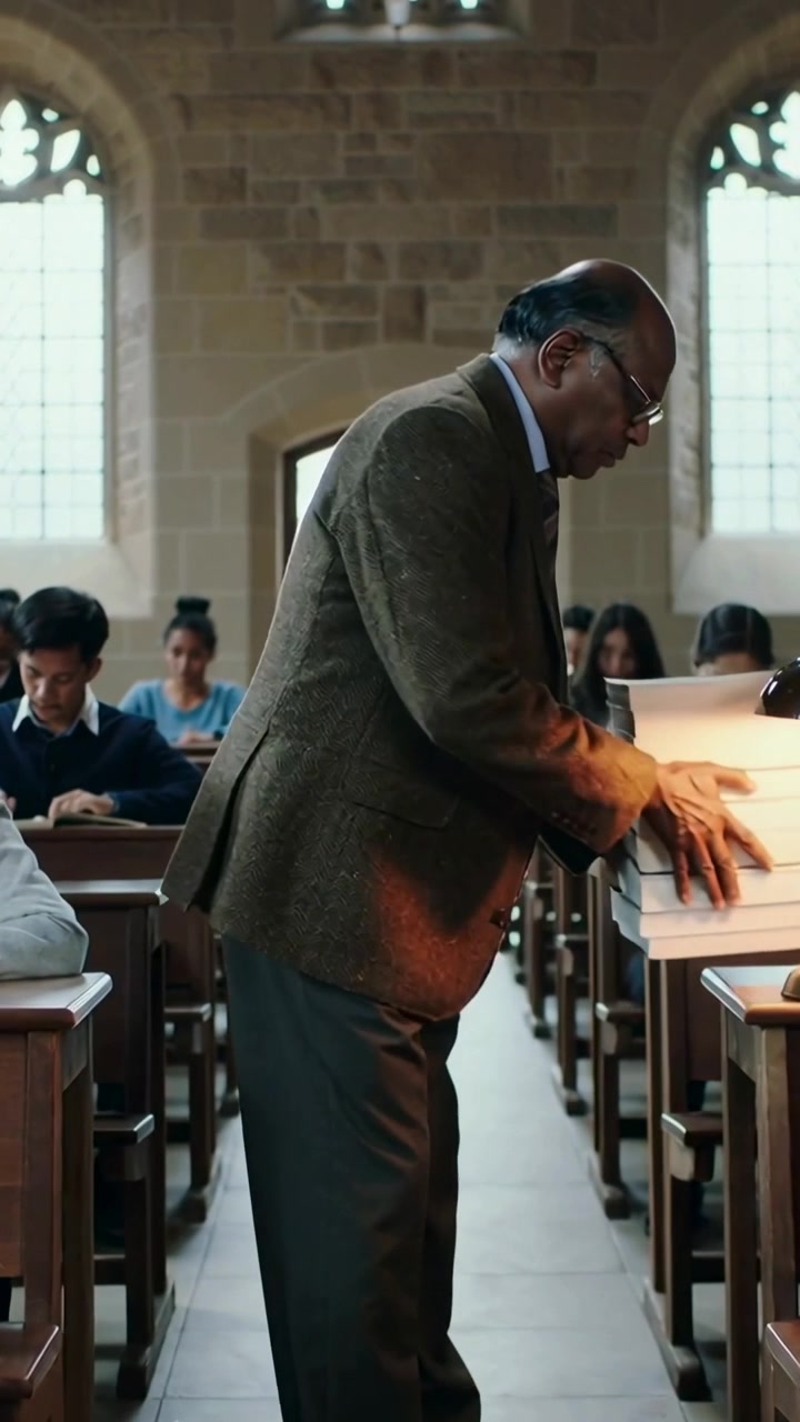 Video verticale: Personale in tweed che entra nell'atrio del college con dei libri in mano, posizionandoli sotto una lampada verde