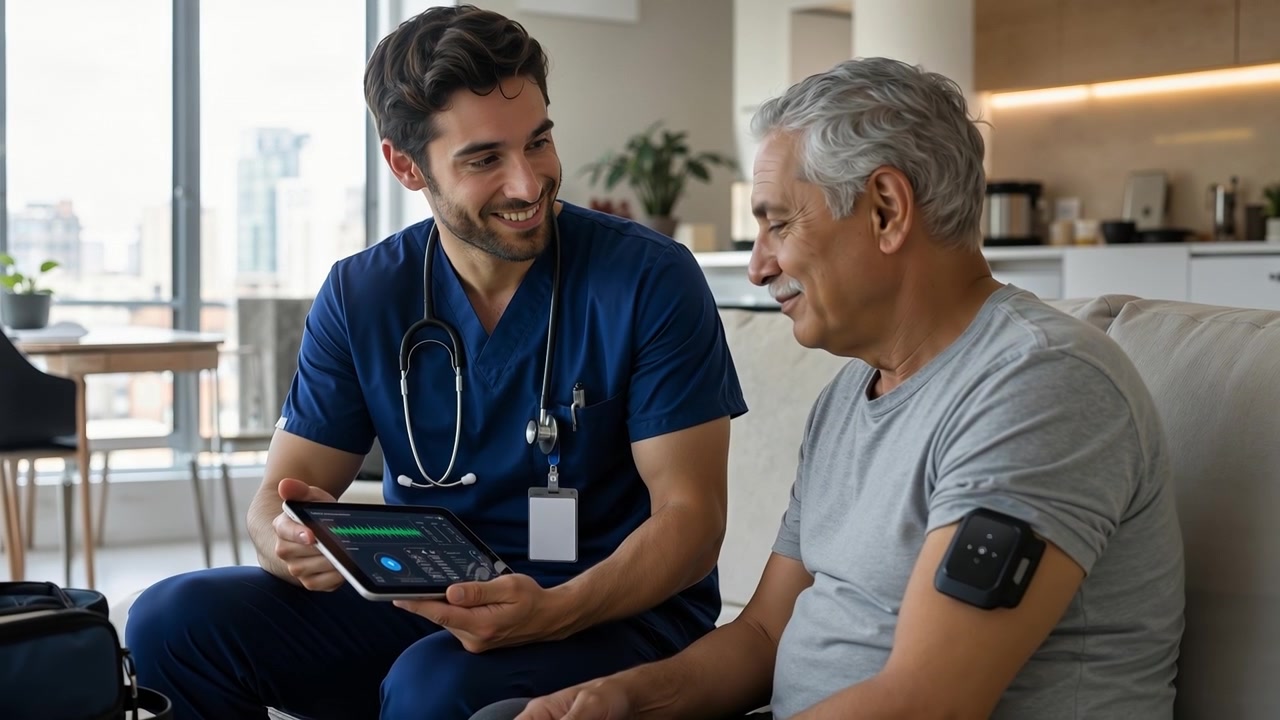 Healthcare professional showing medical data on digital tablet to elderly patient at home.