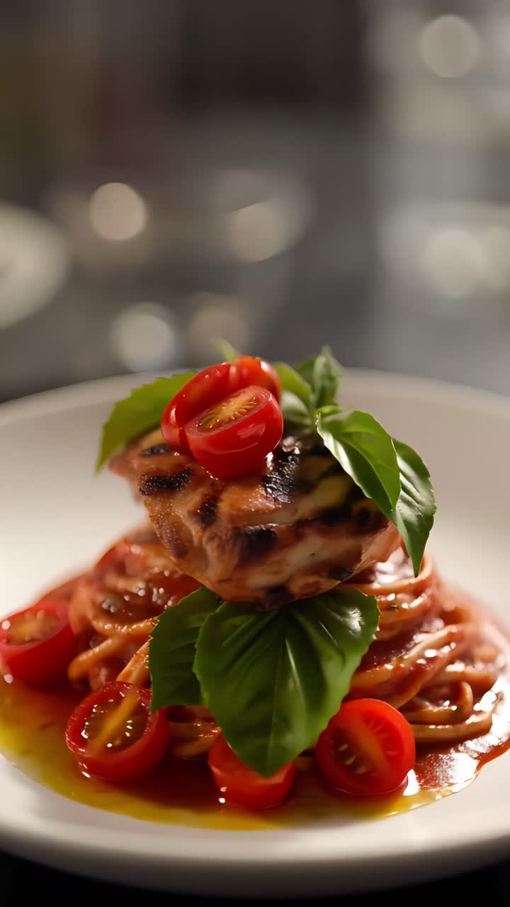Herkullinen spagetti, grillattua lihaa, tuoreita tomaatteja ja basilikanlehtiä