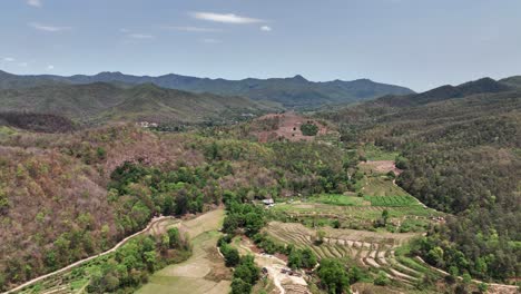 Aerial-Scenery-Of-Countryside-Rice-Terrace-Fields,-Hills,-And-Mountains-In-Chiang-Mai,-Thailand