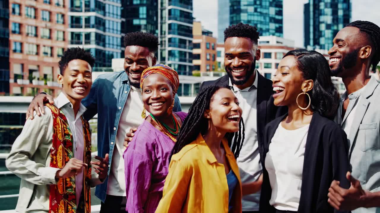Um grupo vibrante de amigos rindo ao ar livre, capturado de um ângulo baixo