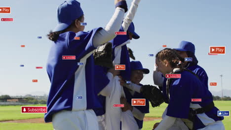 animation of icons and data processing over diverse female baseball players