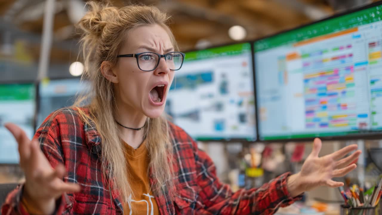 A Frustrated Individual Expressing Intense Emotions in a Modern Work Environment with Multiple Monitors Displaying Colorful Data and Tasks