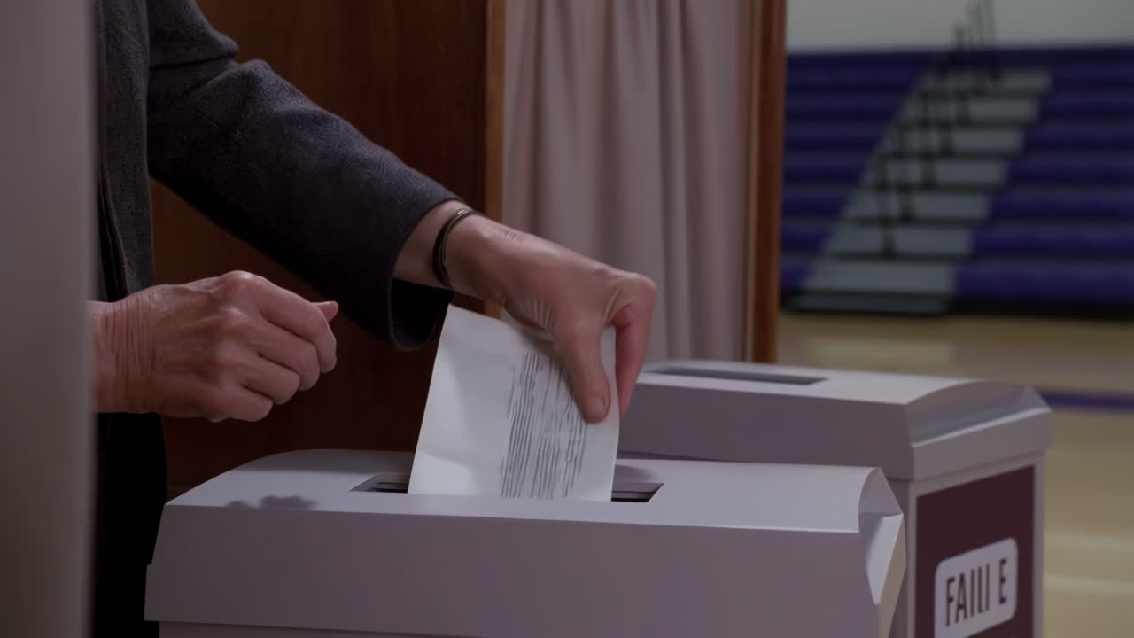 Person casts a ballot at a voting booth during an election