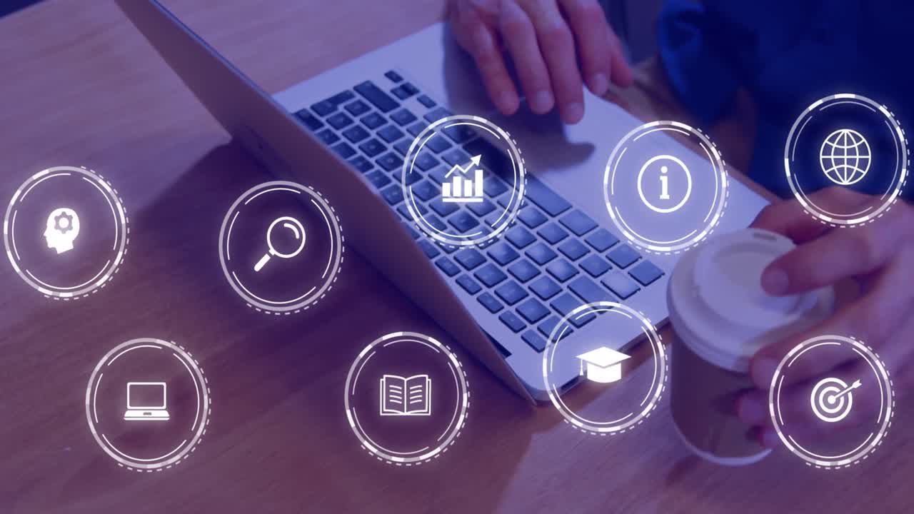 animación de iconos educativos que caen sobre una persona que usa una computadora portátil