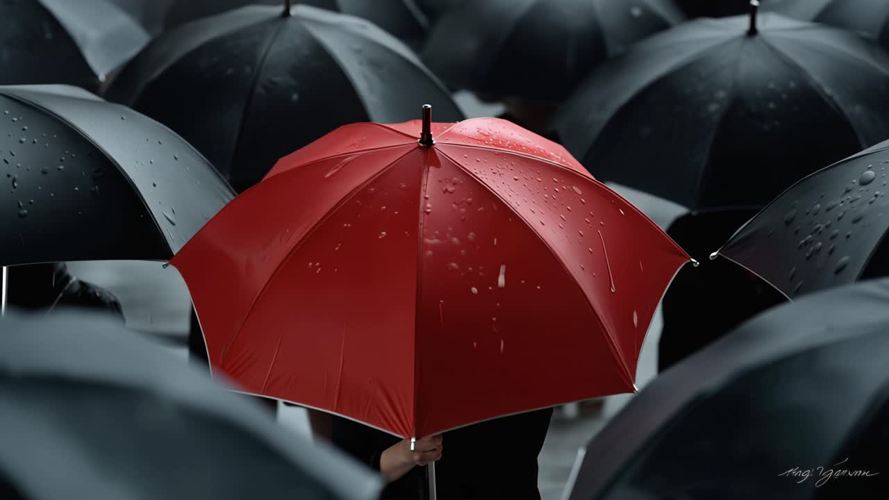Un ombrello rosso spicca tra quelli neri. Gocce di pioggia si attaccano alla sua superficie. È circondato da una folla di ombrelli scuri. Cattura l'attenzione con il suo colore audace. Nessuna persona è visibile.