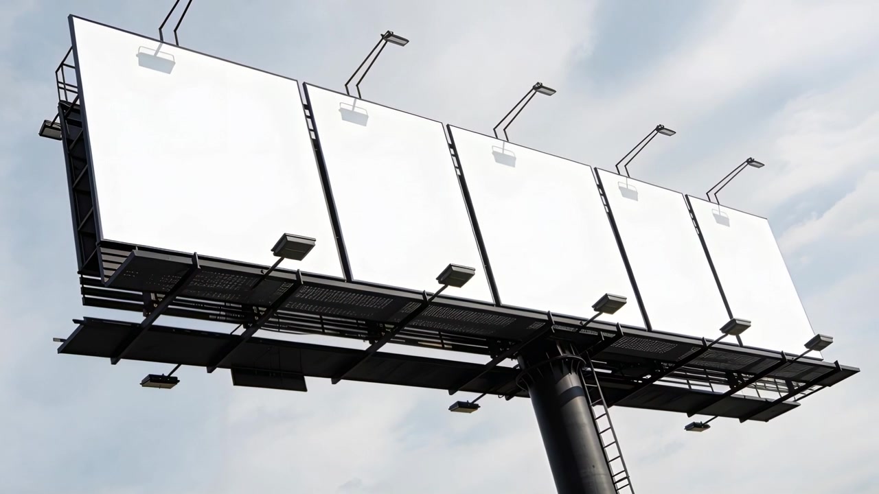 Panorerende kamera afslører et tomt seks-panels billboard ved vejkanten for at fremhæve stige og projektører.