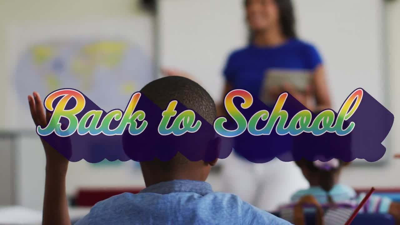 Animation of back to school text over diverse schoolchildren with teacher in classroom