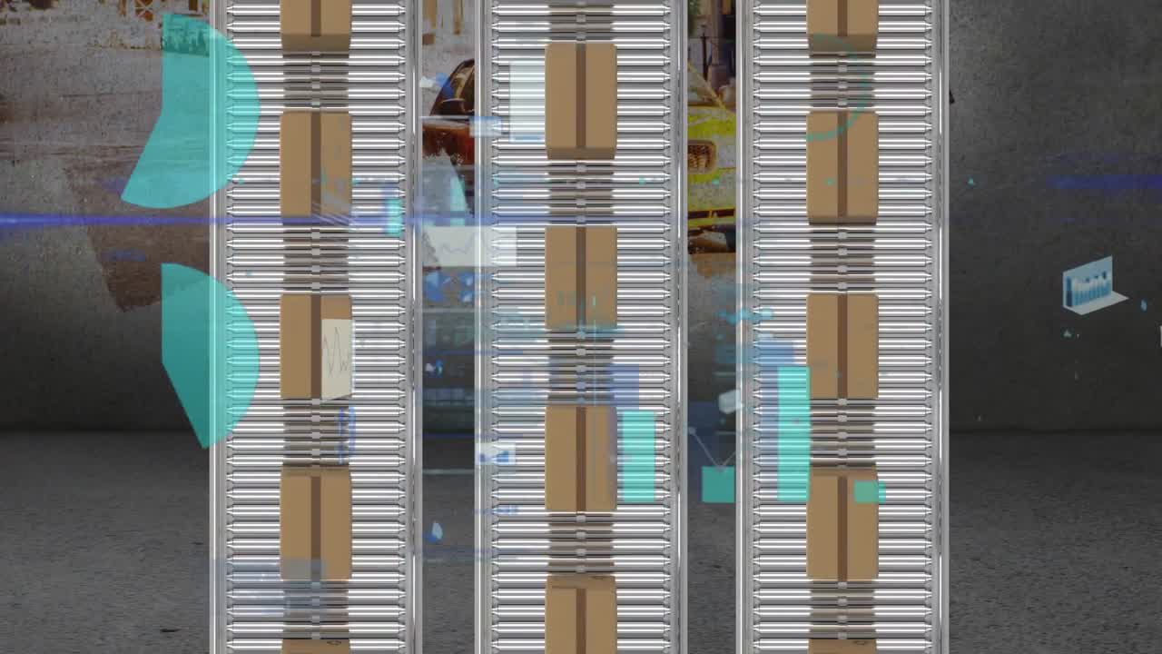 animación del procesamiento de estadísticas sobre cajas de cartón en cintas transportadoras y paisaje urbano