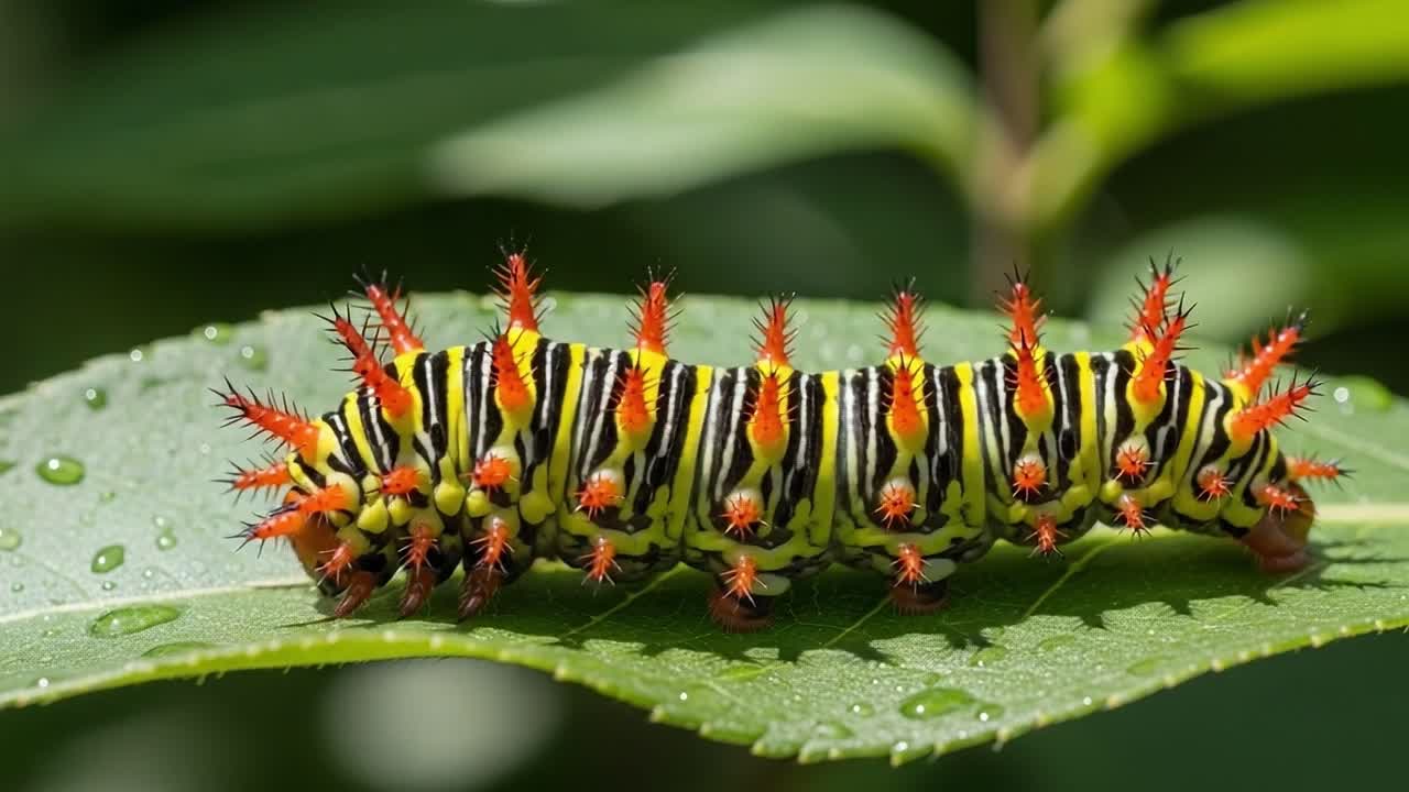A Vibrantly Colored Caterpillar with Striking Spines Crawling on a Leaf, Showcasing Nature's Intricacies and the Beauty of Insect Life