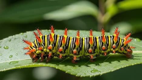 a vibrantly colored caterpillar with striking spines crawling on a leaf, showcasing nature's intricacies and the beauty of insect life