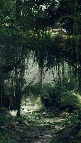lush green forest with dense foliage and misty atmosphere in daylight