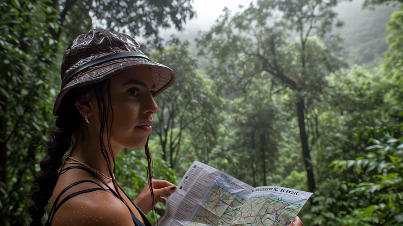Close up of a young female hiker in a rain hat holding a paper map while walking through a lush green rainforest, raindrops on her skin and misty trees in the background creating an adventurous mood