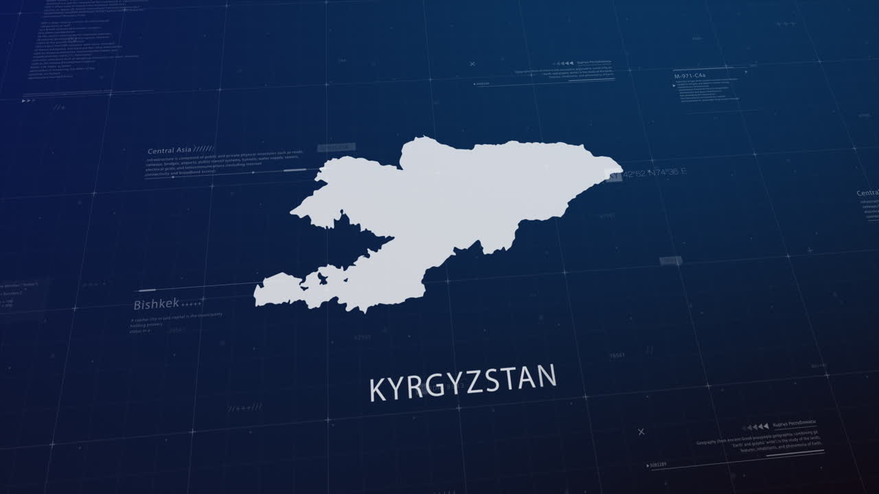 Kyrgyzstan country map comes to life with cinematic panning, unveiling key details, the capital, and slogan, providing an engaging background for corporate and commercial use
