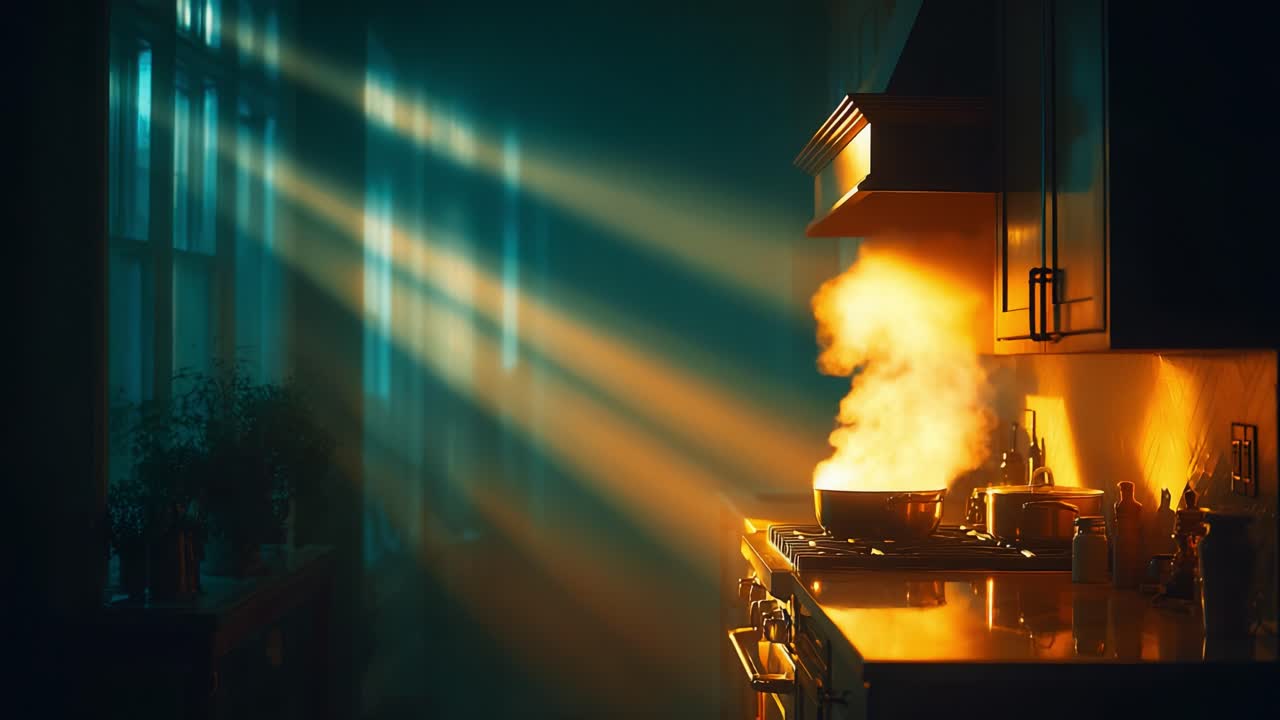 A Mystical Kitchen Scene: Ethereal Light and Culinary Steam Create an Enchanting Atmosphere in the Heart of Home Cooking as Daylight Seep Through the Windows