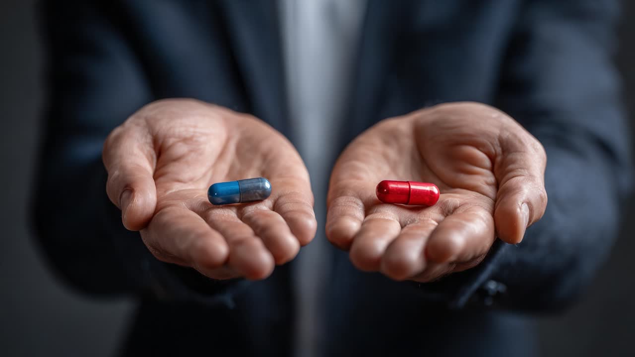 A Powerful Choice: The Dilemma of Picking Between Two Capsules Represents a Deep Decision-Making Process in Life, Symbolizing Freedom, Awareness, and Consequences