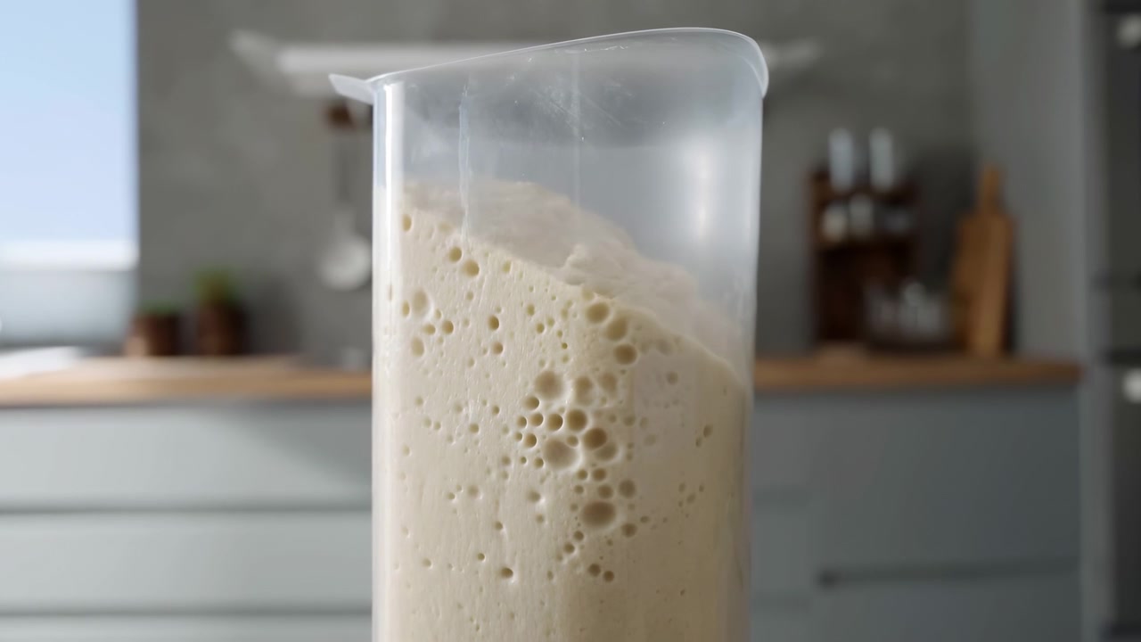 Scena ravvicinata in movimento di un alto contenitore trasparente riempito con impasto beige lievitato, che mostra bolle dense, una cima a cupola, una consistenza spugnosa e la luce soffusa del giorno in cucina, con impasto, lievitazione, crescita.