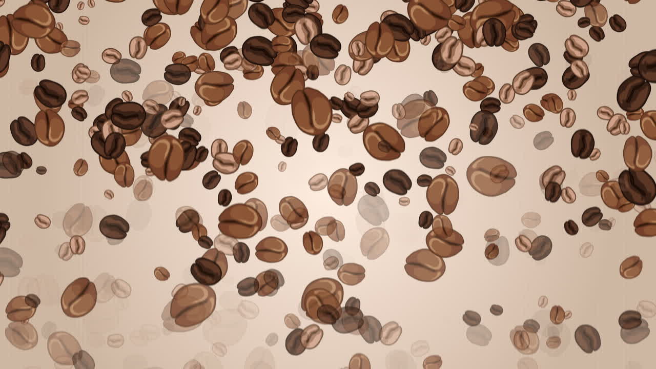 Looped animation of falling brown coffee beans on a light background.
