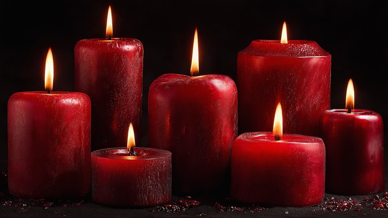 Una splendida composizione di candele rosso intenso che tremolano in un ambiente buio, proiettando una luce calda e creando un'atmosfera serena e intima che evoca calma e relax.