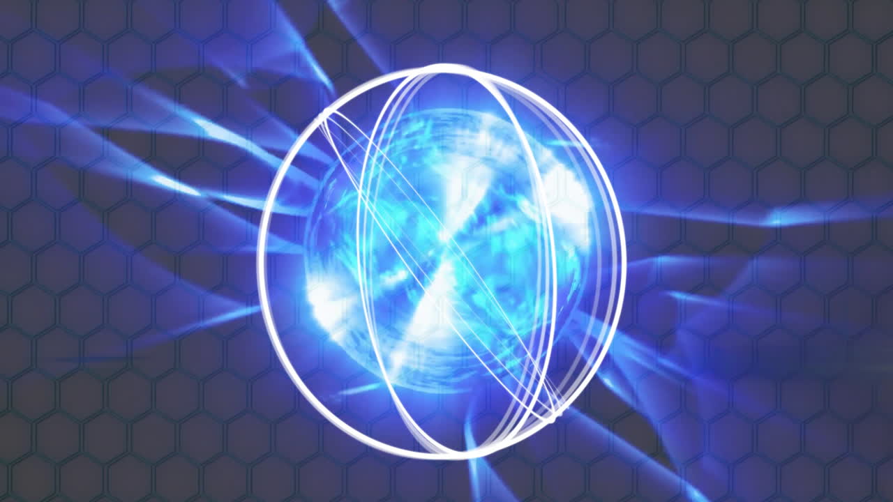 Animation of white circles and globe with light trails over hexagons on black background