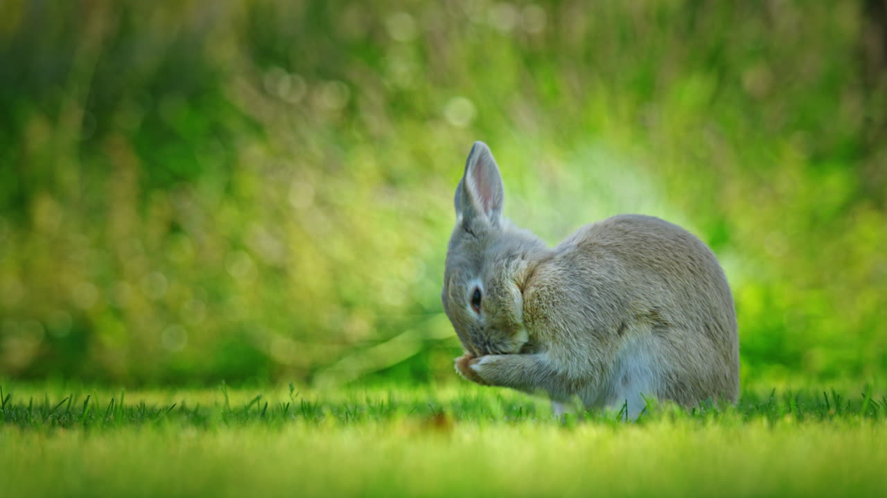 un conejo lindo cuidándose en un jardín.