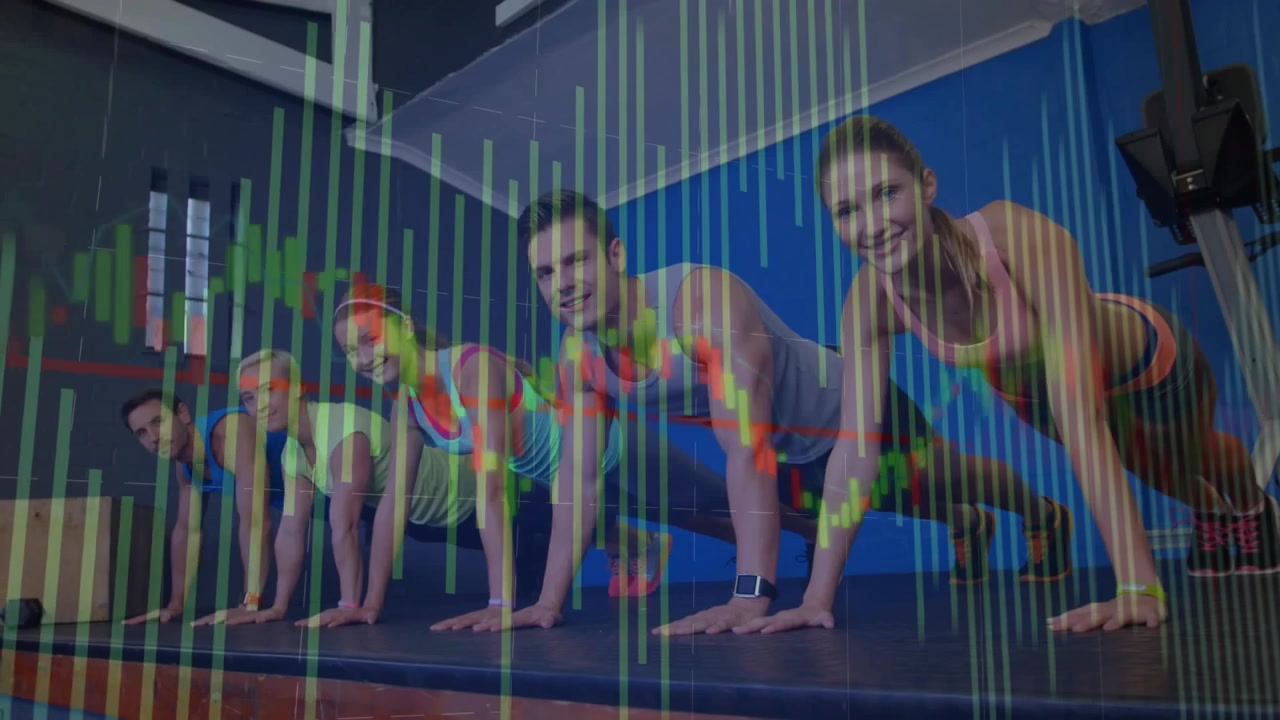 Vertical video: After cue, 5 adults in gymwear holding plank on mat in gym, ending set with overlay