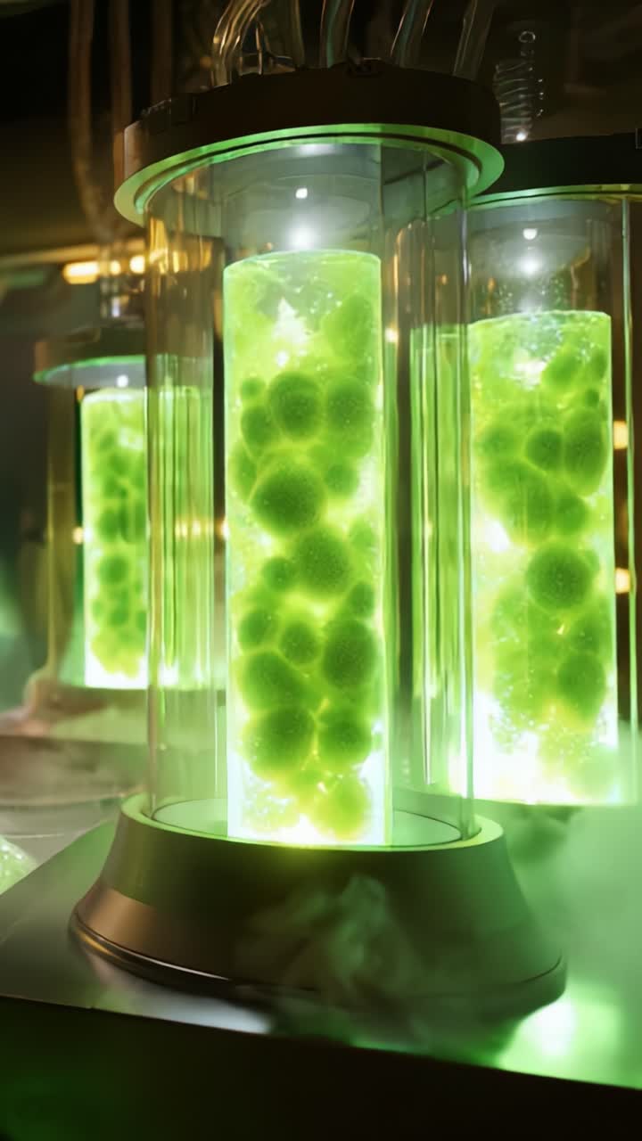 Illuminated Green Liquid Cultures in Transparent Cylinders: A View into Biotechnological Exploration and the Study of Microbial Growth in a Laboratory Setting
