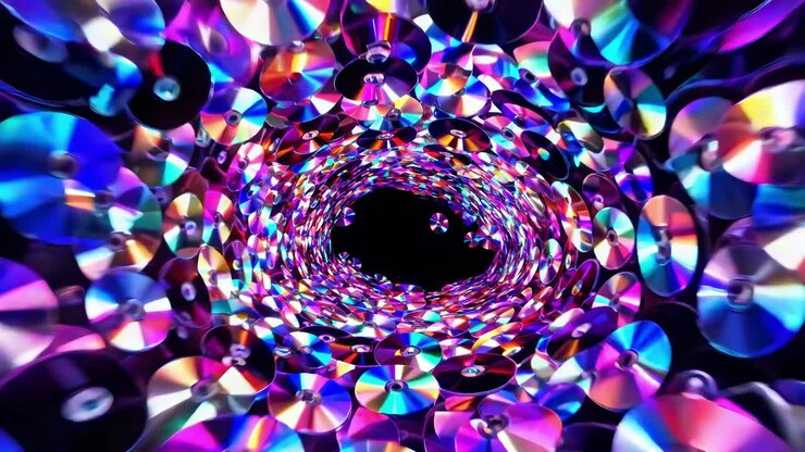 Mesmerizing vortex is formed by countless iridescent compact discs, swirling in a vibrant tunnel of light and color, creating a captivating visual spectacle