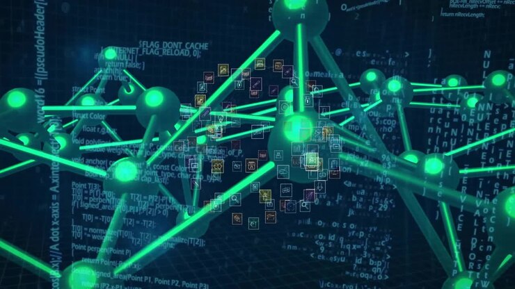 Camera pulling back green lattice pulsing rods rotating code columns appearing revealing core icons