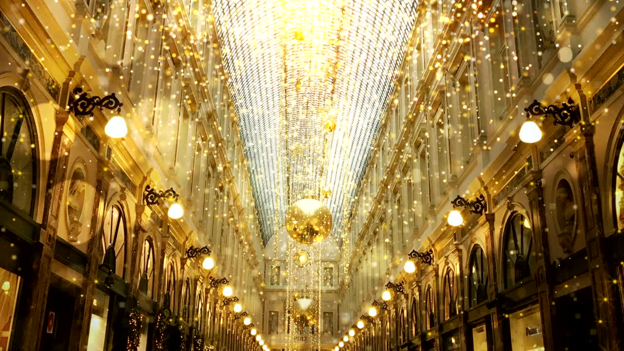centro comercial con decoración de navidad y luces, mercado de navidad, bucle de 4k