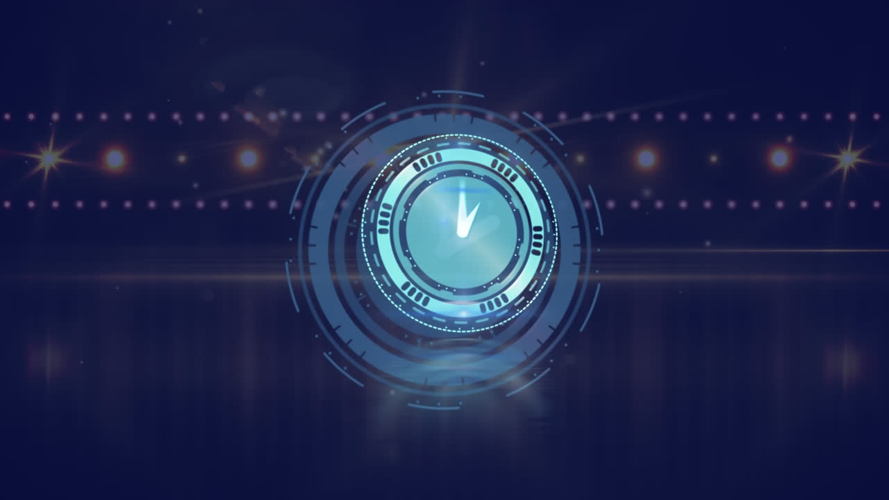 Animation of clock moving fast over glowing spot lights