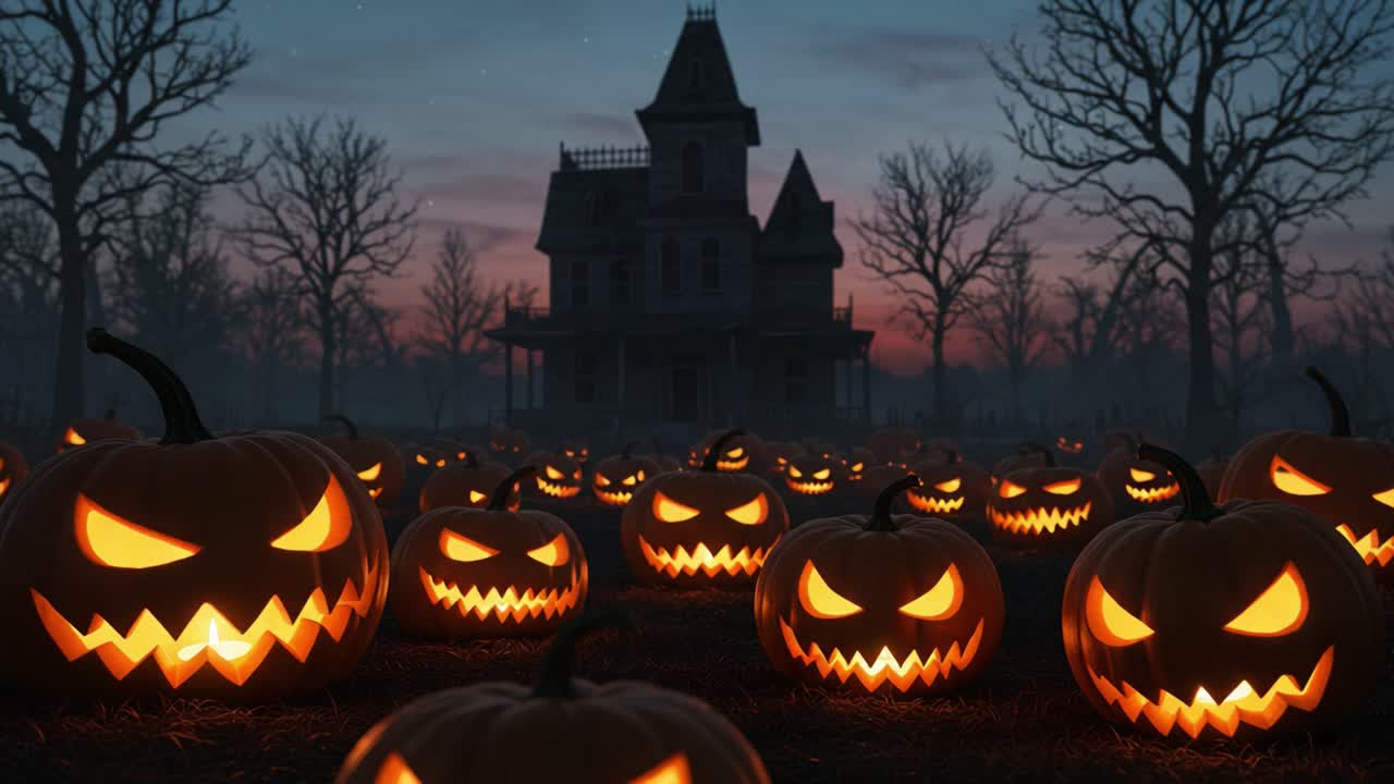 A Spooktacular Scene of Eerie Grinning Jack-o'-Lanterns in Front of a Creepy Haunted Mansion at Dusk, Perfect for Halloween Enthusiasts and Festive Celebrations
