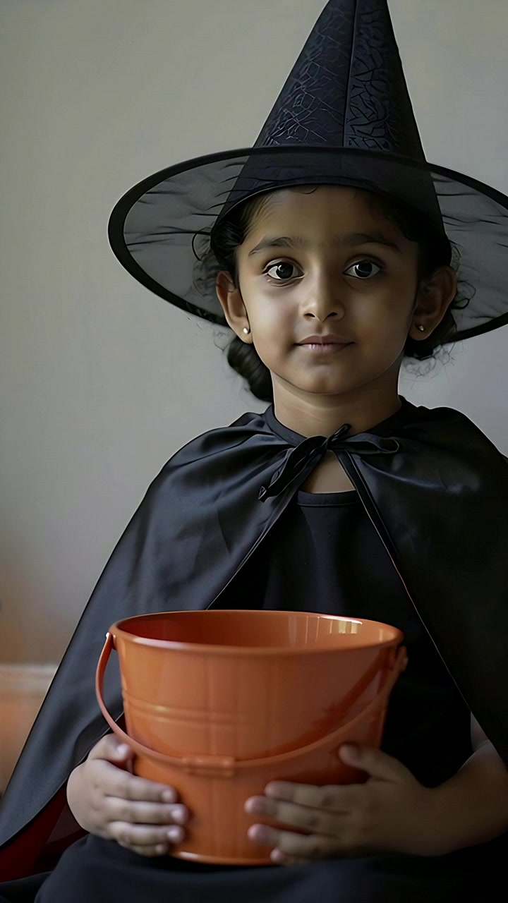 Video vertical: Niña con sombrero de bruja sentada en casa, sosteniendo un cubo naranja
