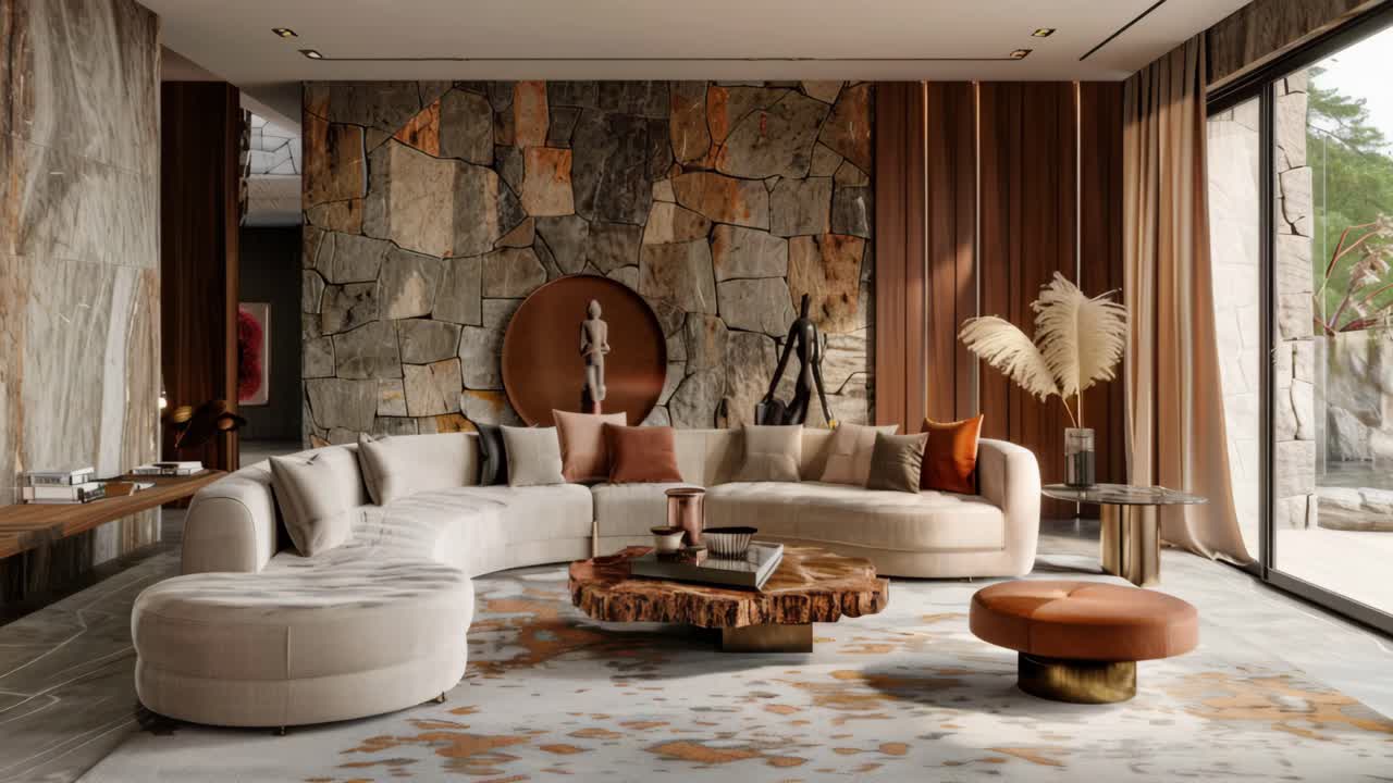 Modern Living Room with Stone Wall and Curved Sofa