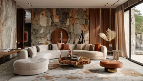 modern living room with stone wall and curved sofa