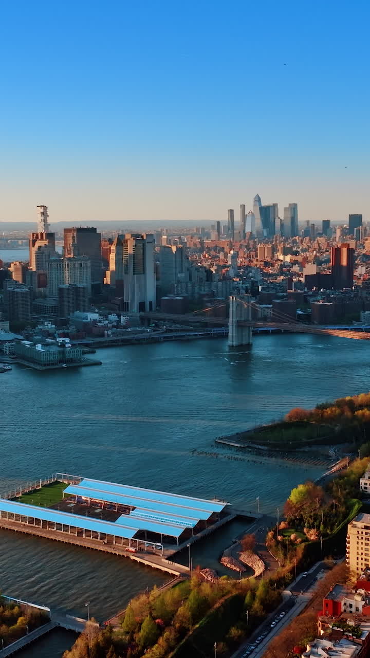 Aerial view of Manhattan city buildings. American metropolis architecture downtown. Vertical video